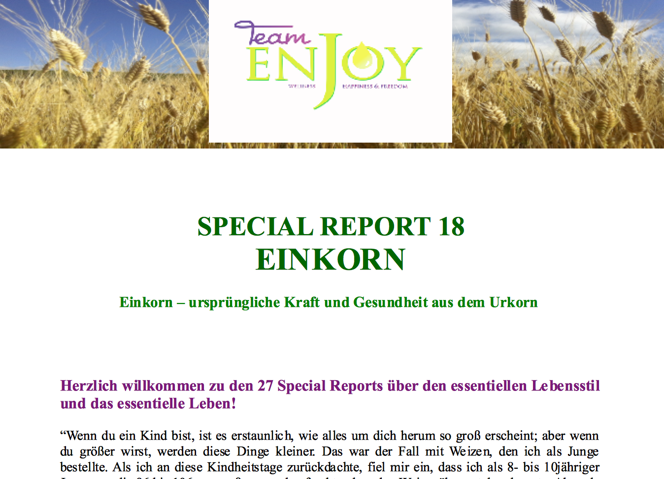 Special Report 18 „Einkorn – ursprüngliche Kraft und Gesundheit aus dem Urkorn“